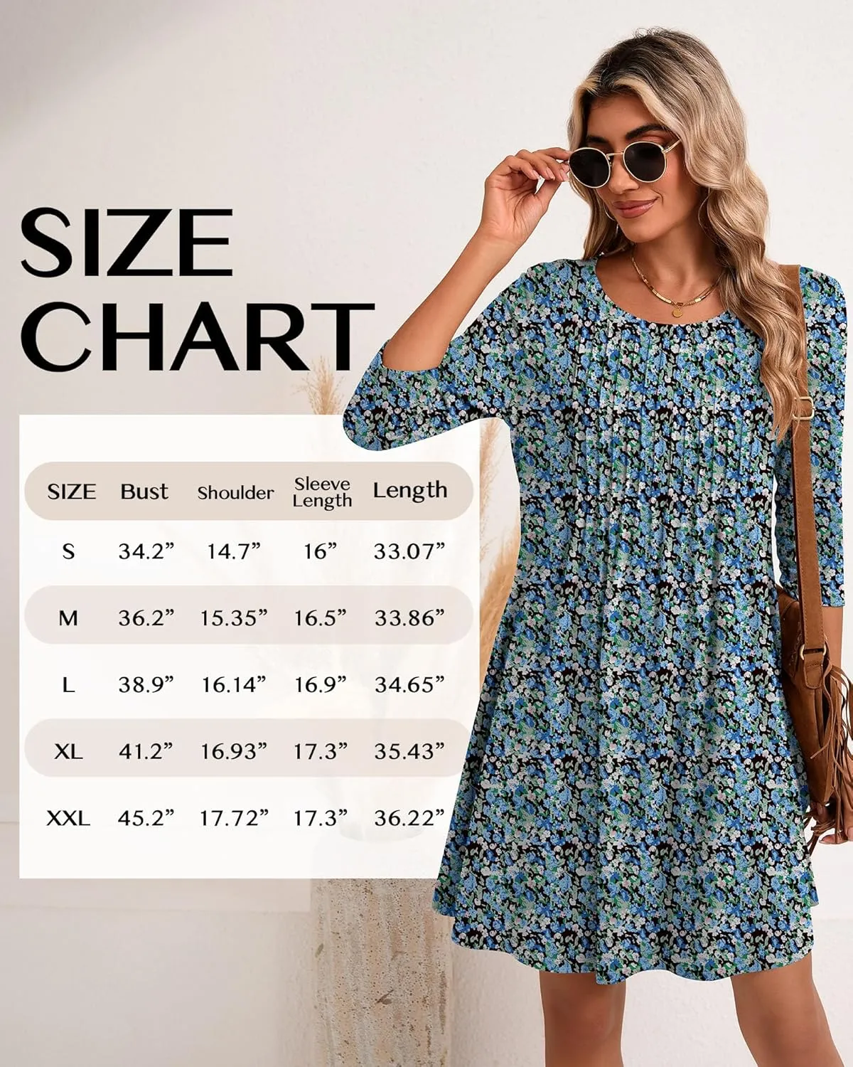 Huukeay Dresses for Women 3/4 Sleeve Crew Neck Casual Tunic Swing 2025 Dress Knee Length Pleated Fitted T Shirt Dress