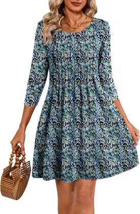 Huukeay Dresses for Women 3/4 Sleeve Crew Neck Casual Tunic Swing 2025 Dress Knee Length Pleated Fitted T Shirt Dress