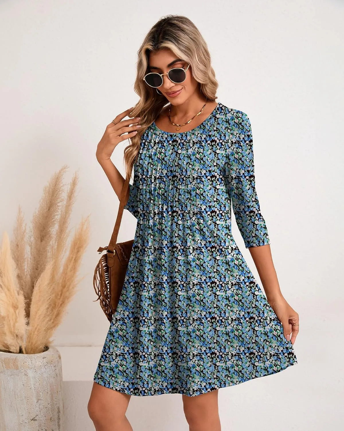 Huukeay Dresses for Women 3/4 Sleeve Crew Neck Casual Tunic Swing 2025 Dress Knee Length Pleated Fitted T Shirt Dress
