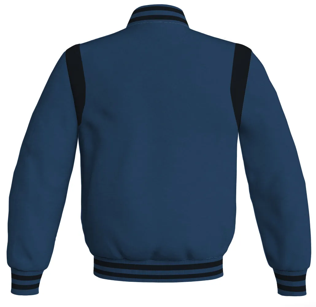Letterman Baseball Bomber Retro Jacket Navy Blue Body Black Leather Inserts