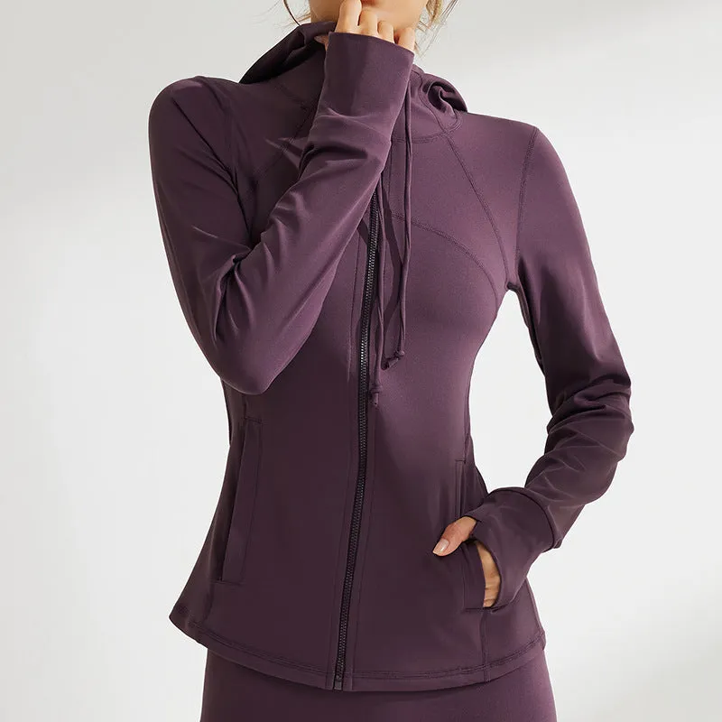 Nude Feel Yoga Clothes Women Casual Jacket Long Sleeved Zipper Hooded Running Skin Friendly Sports Fitness Top