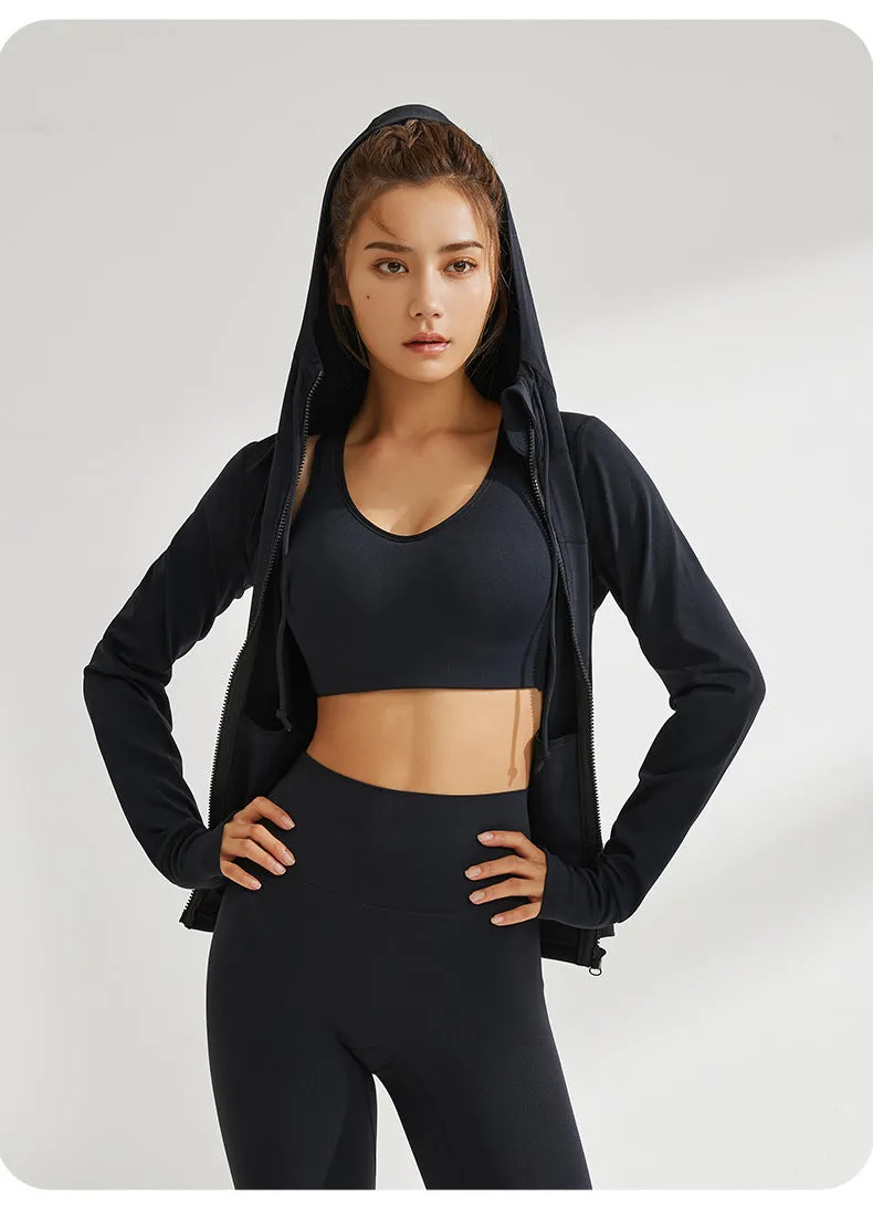 Nude Feel Yoga Clothes Women Casual Jacket Long Sleeved Zipper Hooded Running Skin Friendly Sports Fitness Top