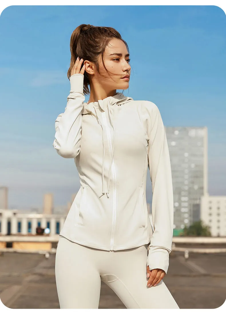 Nude Feel Yoga Clothes Women Casual Jacket Long Sleeved Zipper Hooded Running Skin Friendly Sports Fitness Top