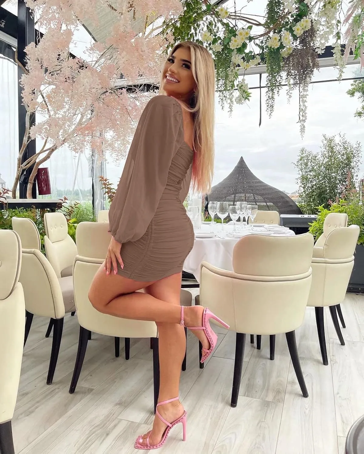 Ofenbuy Women's Mesh Long Sleeve Dress Square Neck Ruched Mini Bodycon Dress Stretch Party Cocktail Dresses