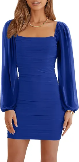 Ofenbuy Women's Mesh Long Sleeve Dress Square Neck Ruched Mini Bodycon Dress Stretch Party Cocktail Dresses
