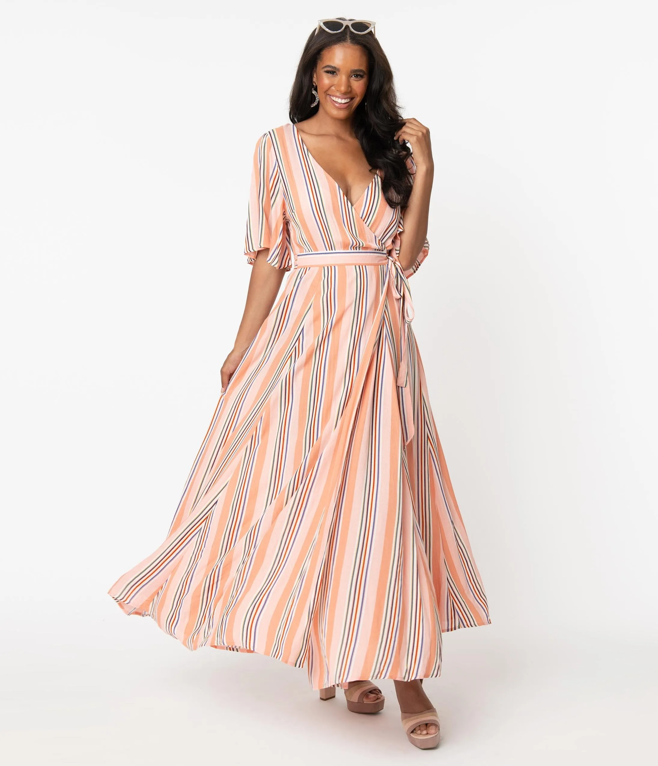 Peach & Pink Stripe Maxi Wrap Dress