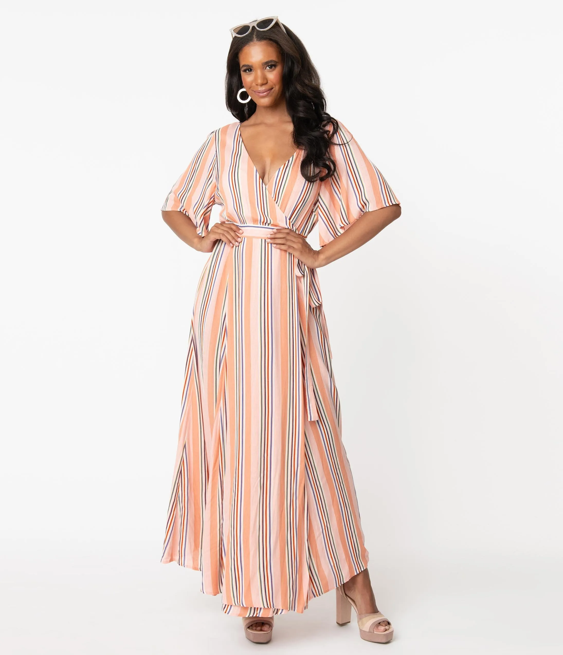 Peach & Pink Stripe Maxi Wrap Dress
