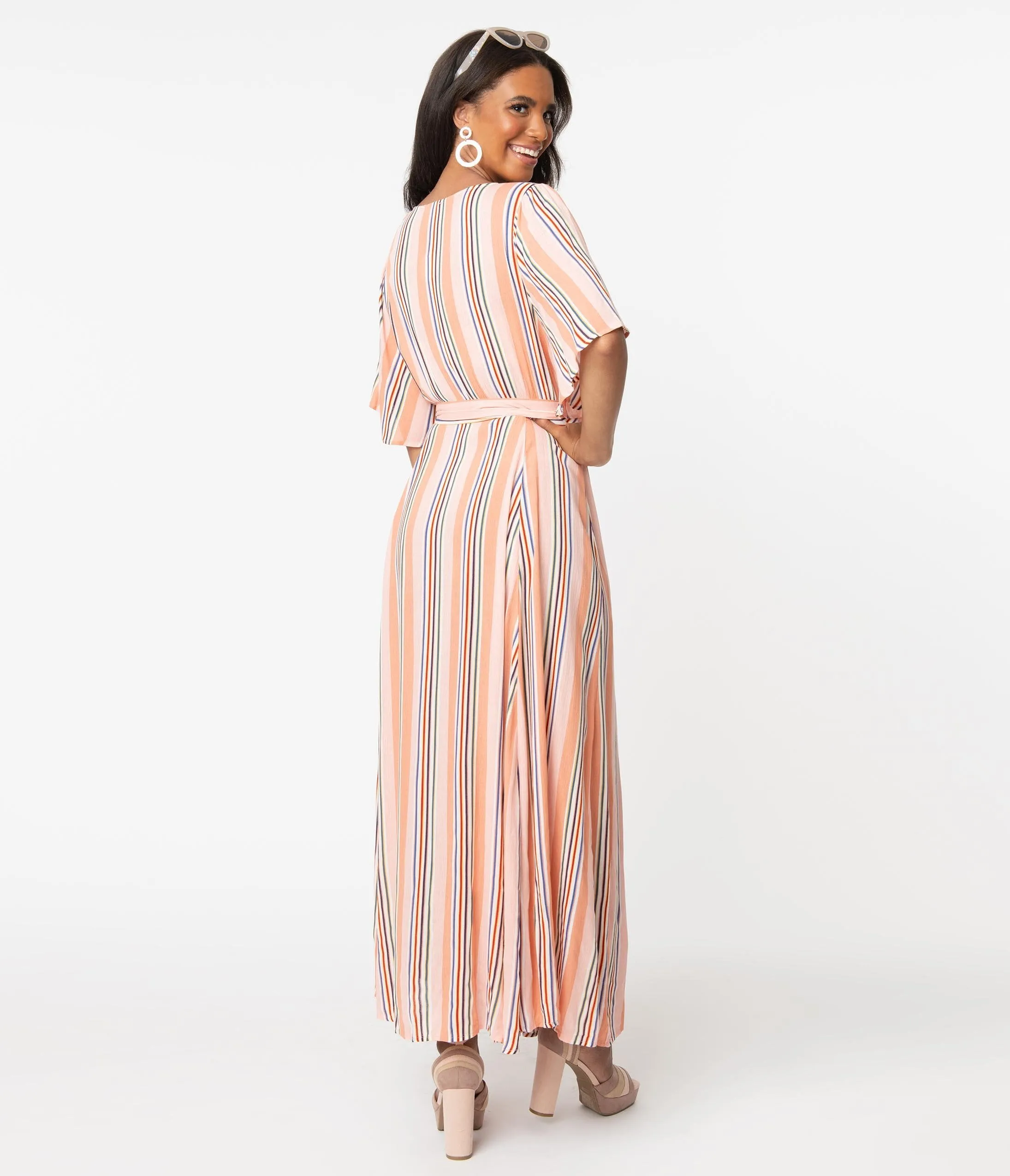 Peach & Pink Stripe Maxi Wrap Dress