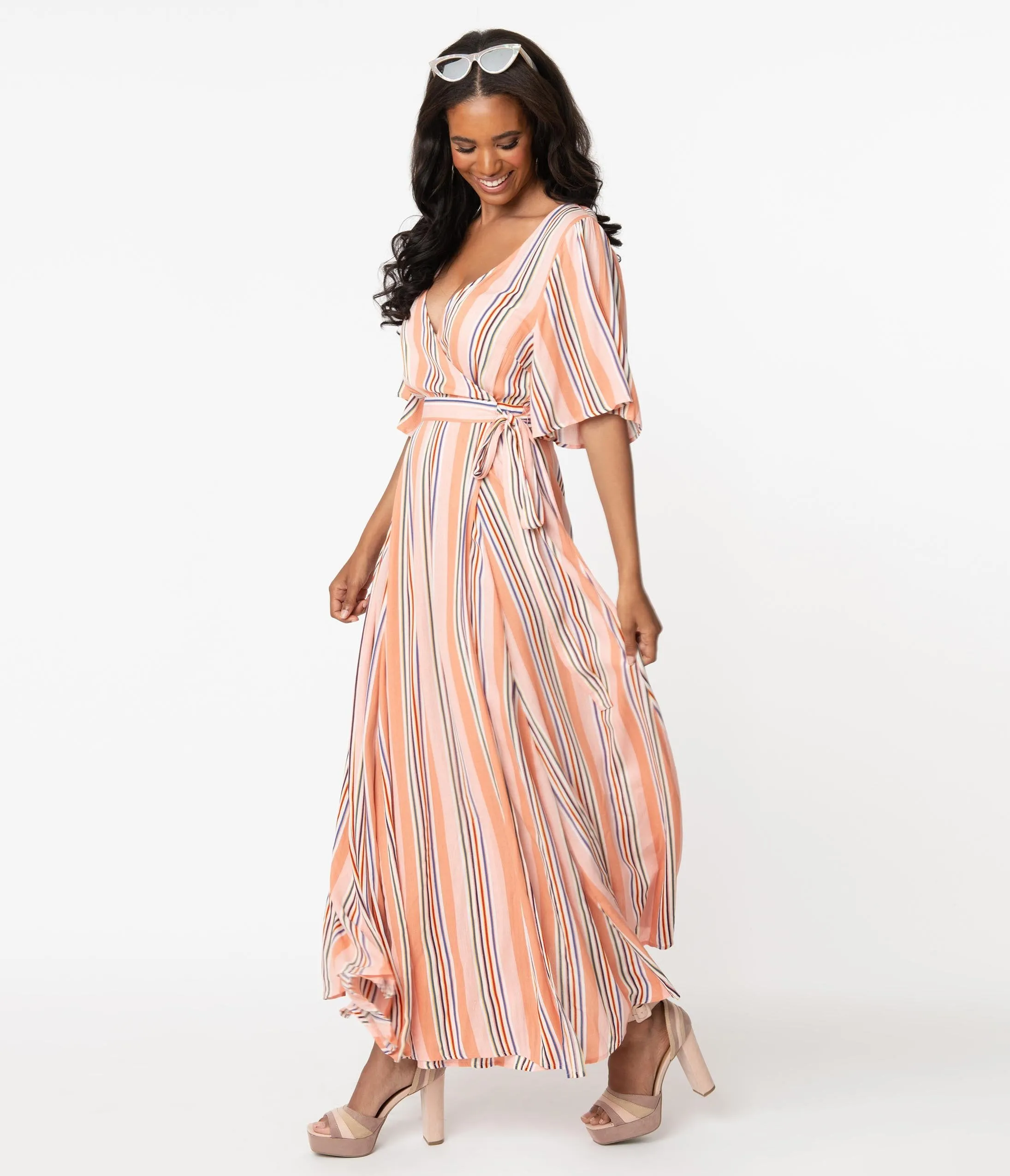 Peach & Pink Stripe Maxi Wrap Dress