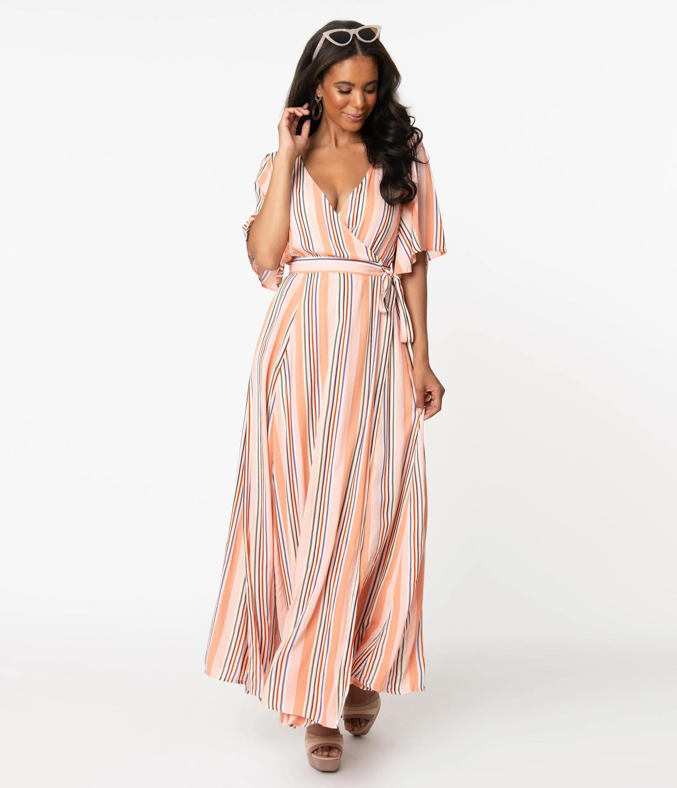 Peach & Pink Stripe Maxi Wrap Dress
