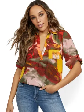 Petite Hazy Tab-Sleeve Split-Neck Top