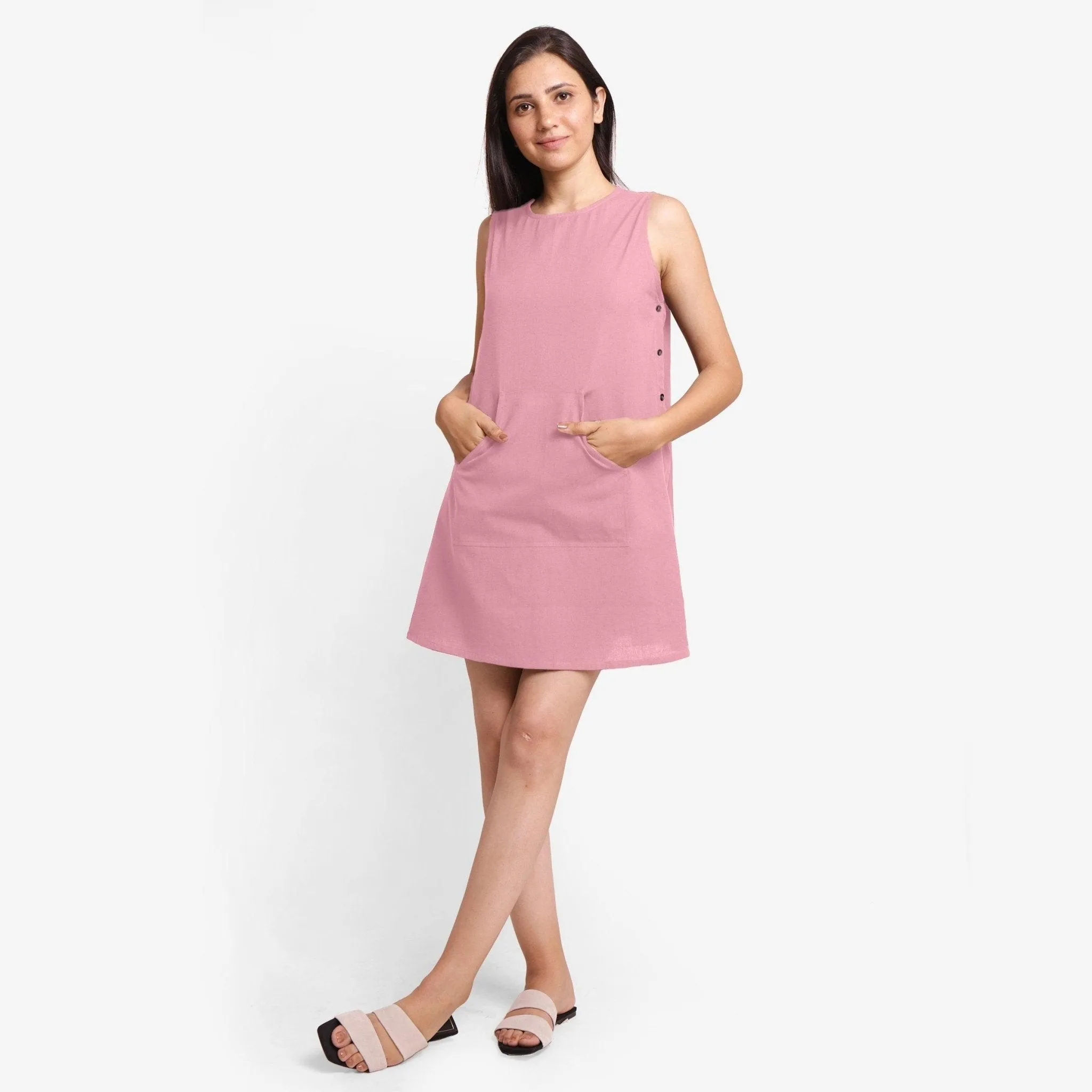 Pink Cotton Flax Kangaroo Pocket Mini Dress