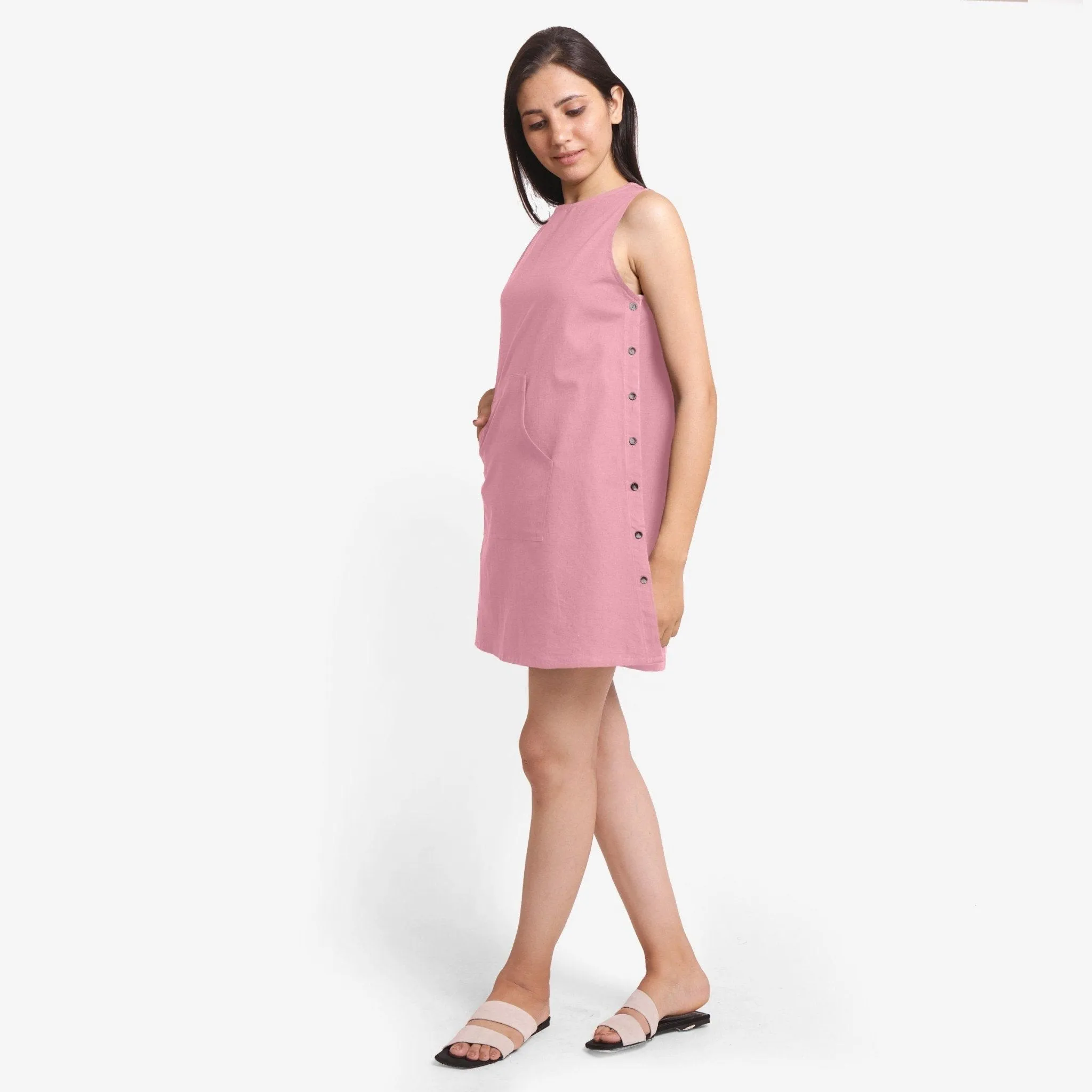 Pink Cotton Flax Kangaroo Pocket Mini Dress
