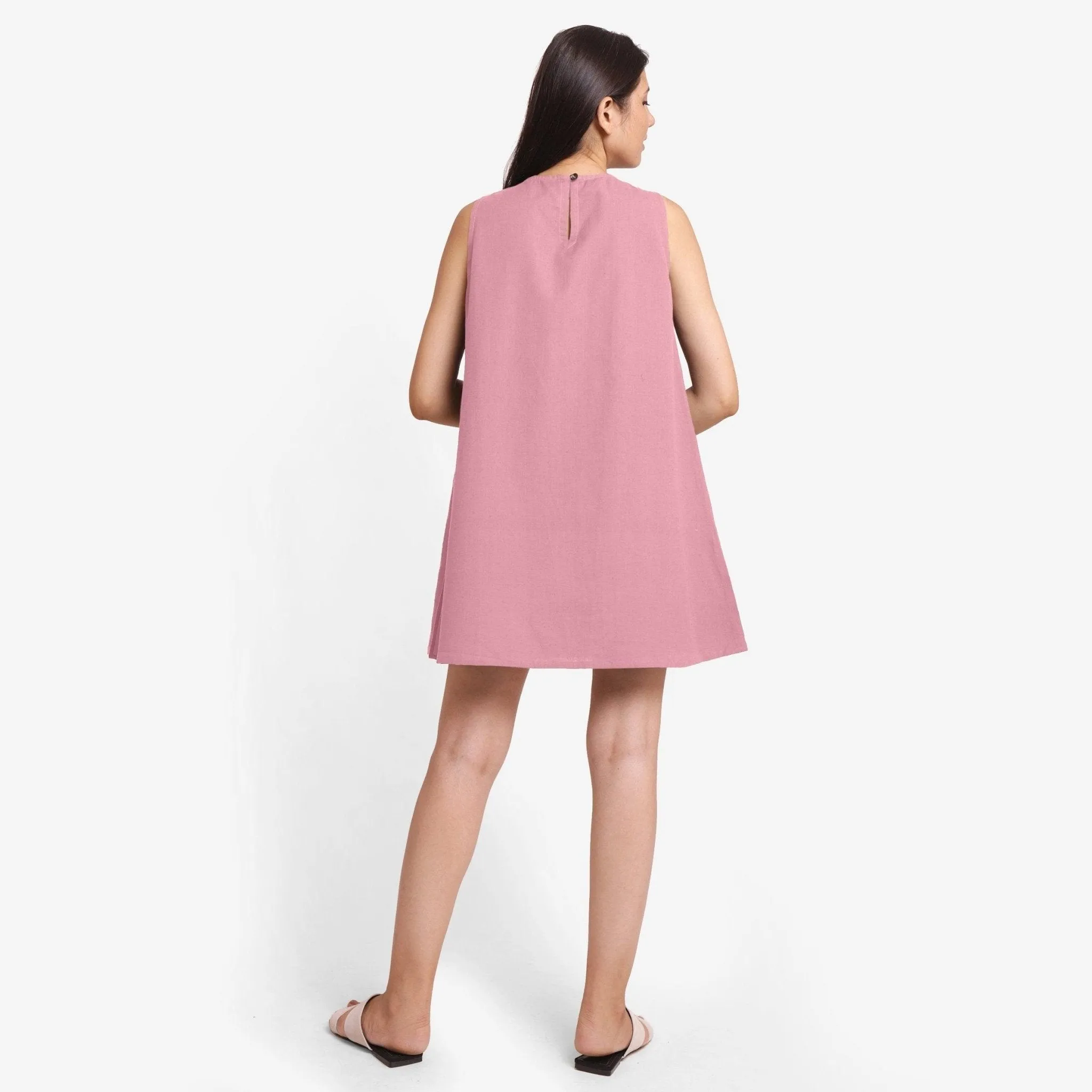 Pink Cotton Flax Kangaroo Pocket Mini Dress