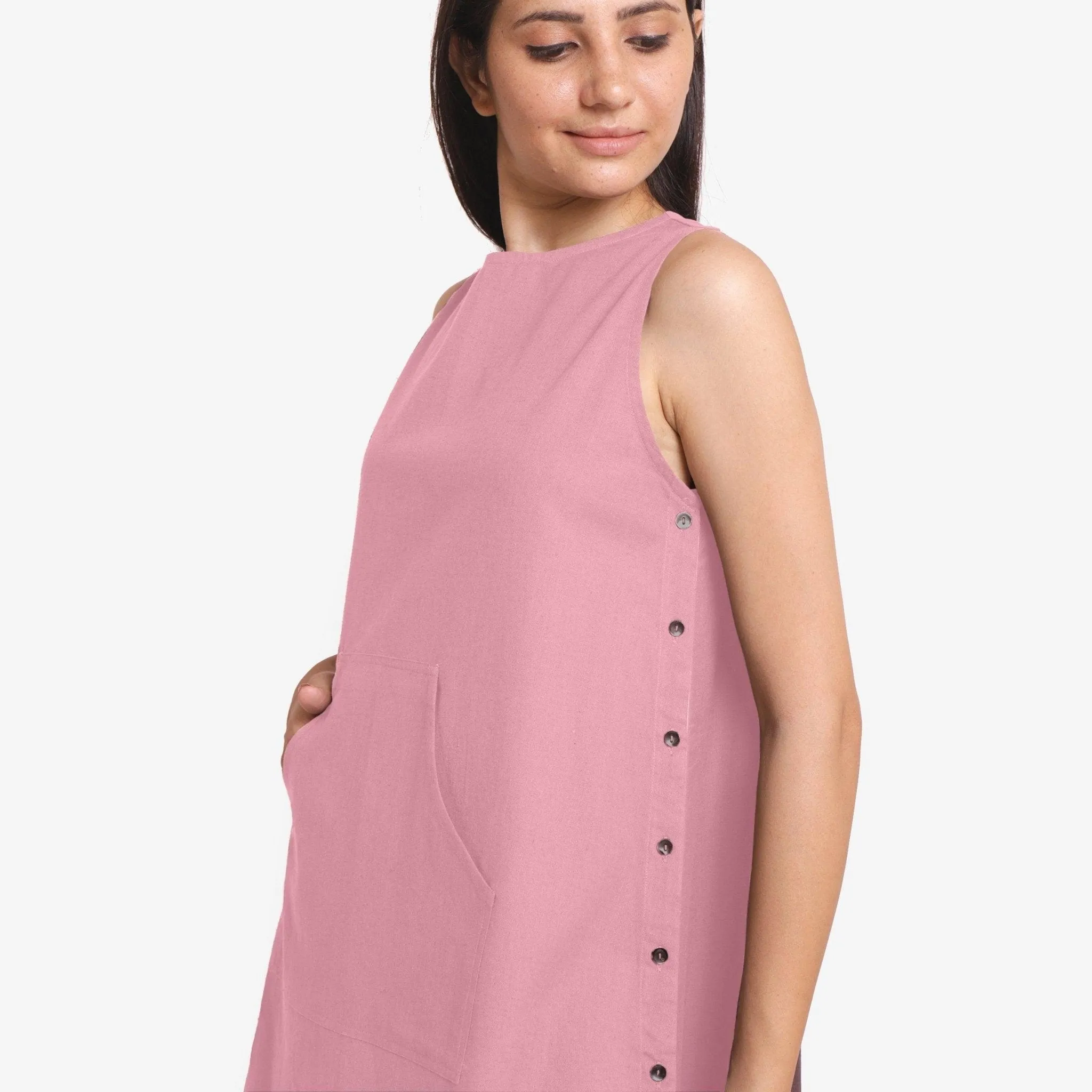 Pink Cotton Flax Kangaroo Pocket Mini Dress