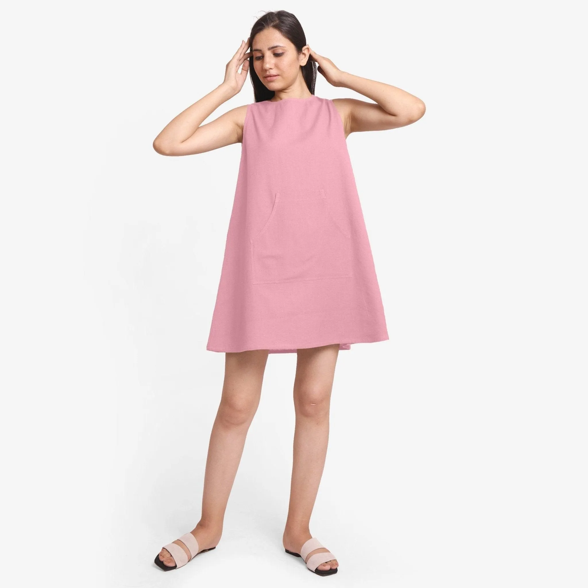 Pink Cotton Flax Kangaroo Pocket Mini Dress