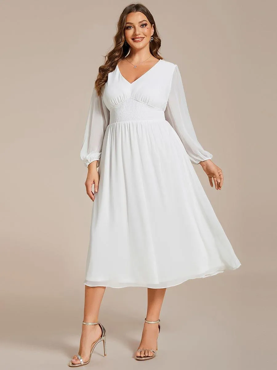 Plus Size Elegant V Neck Long Sleeves Midi Wedding Guest Dress