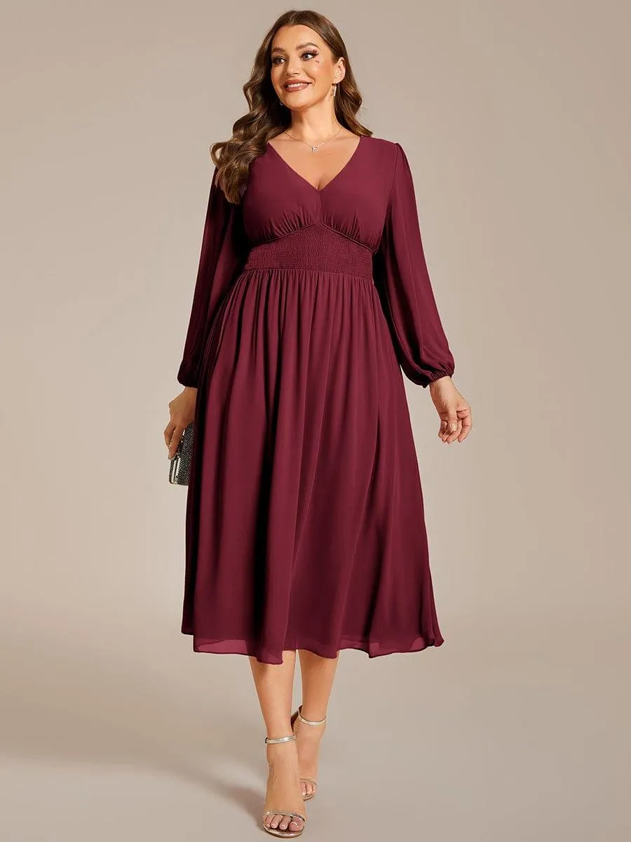 Plus Size Elegant V Neck Long Sleeves Midi Wedding Guest Dress