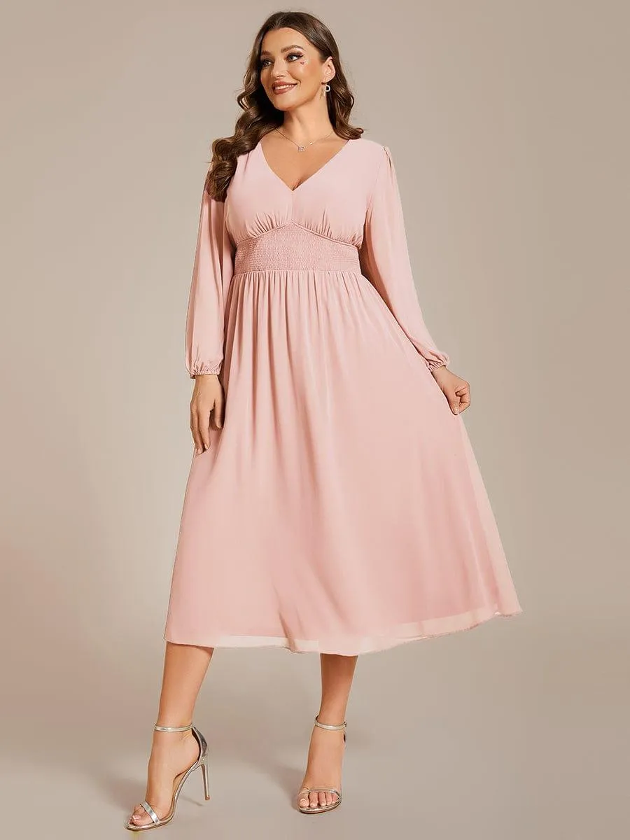 Plus Size Elegant V Neck Long Sleeves Midi Wedding Guest Dress