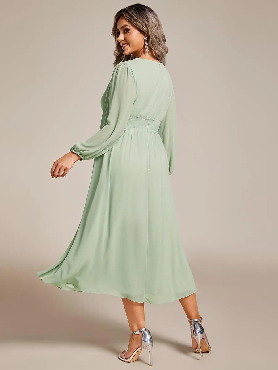 Plus Size Elegant V Neck Long Sleeves Midi Wedding Guest Dress
