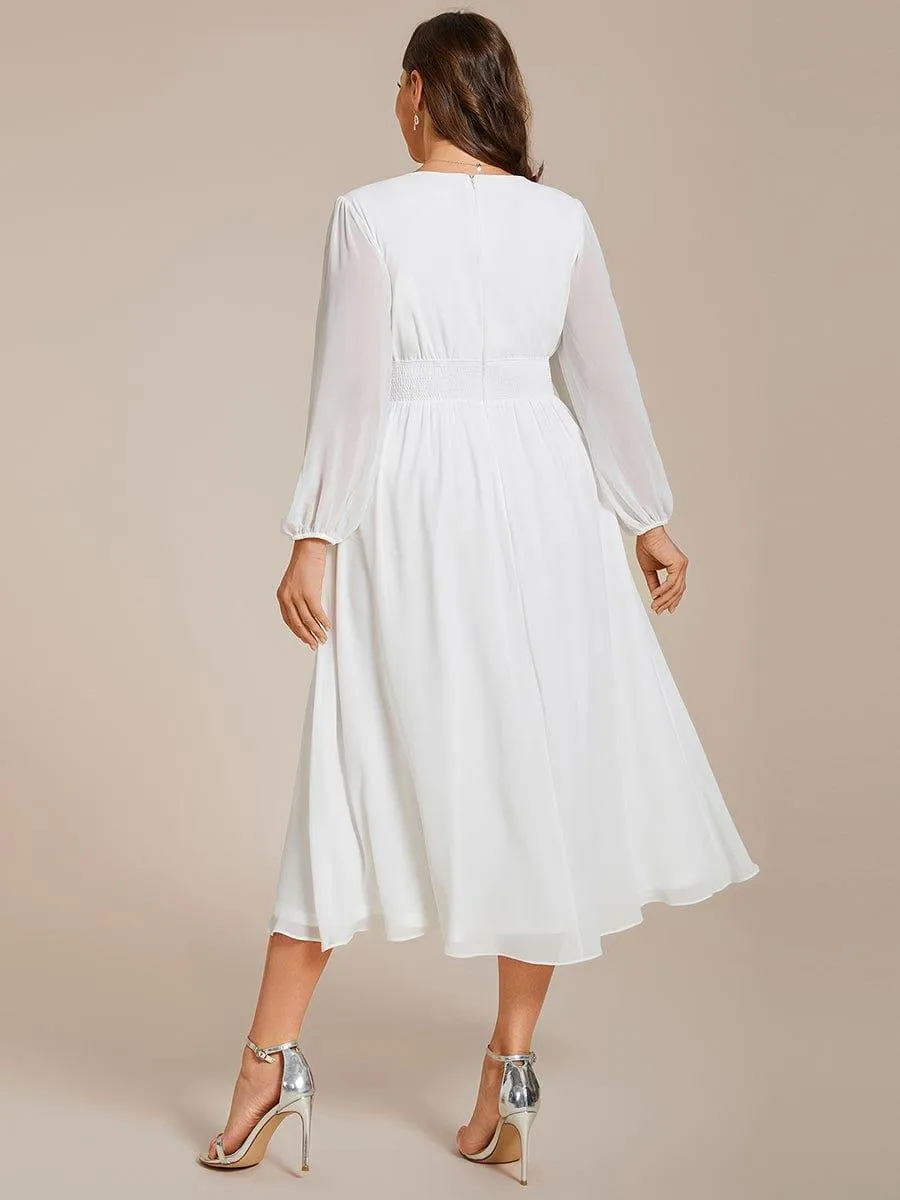 Plus Size Elegant V Neck Long Sleeves Midi Wedding Guest Dress
