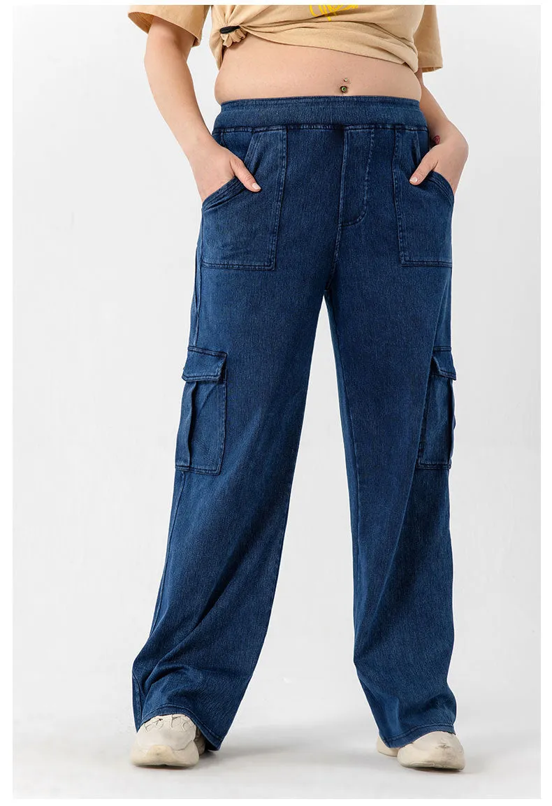Plus Size Wide Legs Pocket Yoga Jeans Women High Waist Hip Lift Slimming Long Outerwear Casual Pants