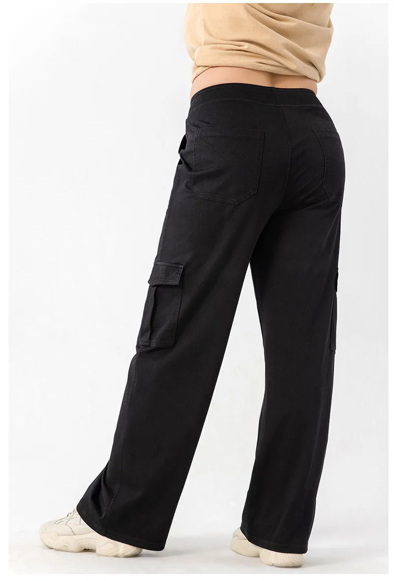 Plus Size Wide Legs Pocket Yoga Jeans Women High Waist Hip Lift Slimming Long Outerwear Casual Pants