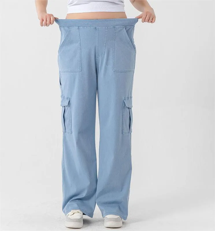 Plus Size Wide Legs Pocket Yoga Jeans Women High Waist Hip Lift Slimming Long Outerwear Casual Pants