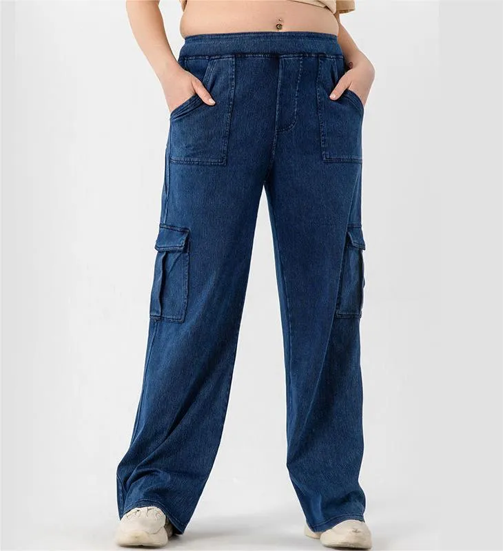 Plus Size Wide Legs Pocket Yoga Jeans Women High Waist Hip Lift Slimming Long Outerwear Casual Pants