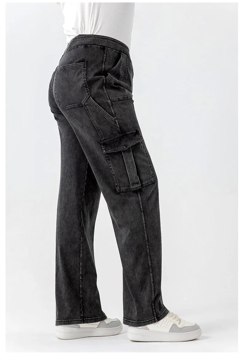 Plus Size Wide Legs Pocket Yoga Jeans Women High Waist Hip Lift Slimming Long Outerwear Casual Pants