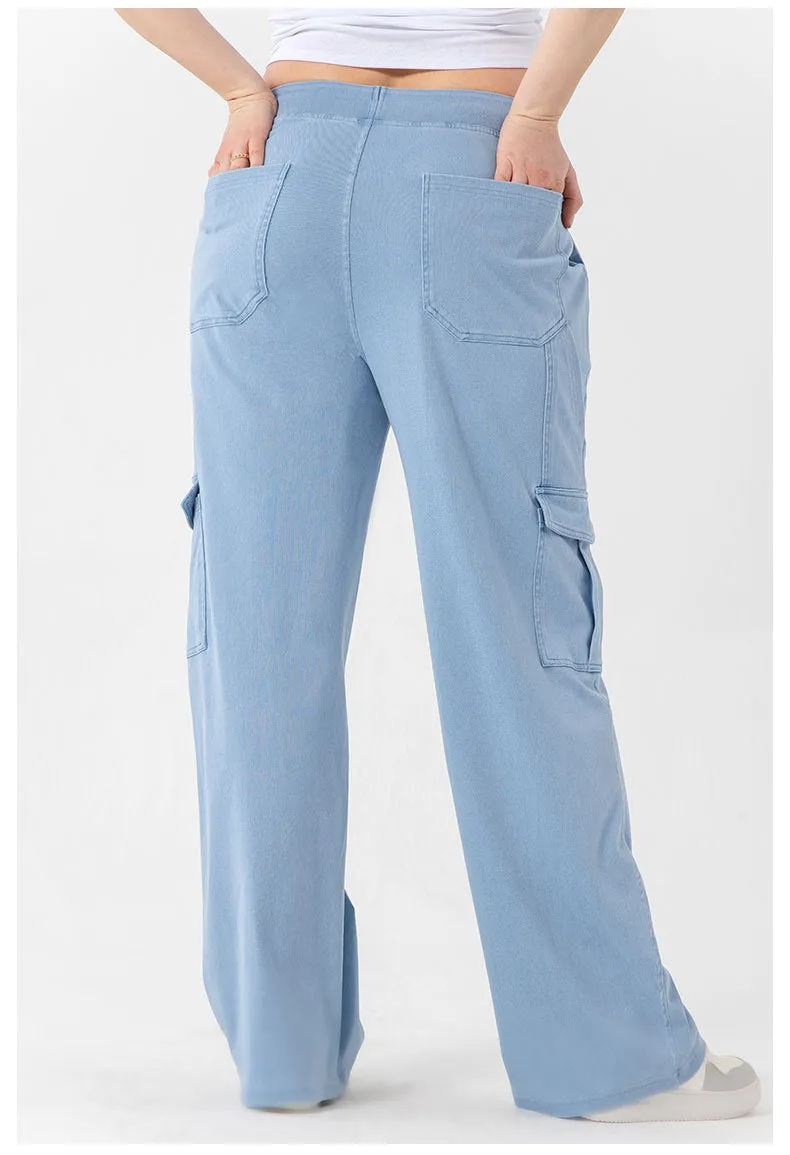 Plus Size Wide Legs Pocket Yoga Jeans Women High Waist Hip Lift Slimming Long Outerwear Casual Pants