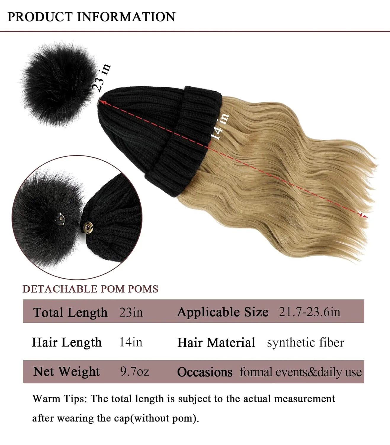Qlenkay Beanie with 14'' Hair Extention Curly Wavy Wig Hat Rib Knit Cap Attached Synthetic Hairpiece Detachable Pom for Winter Women Ash Blonde