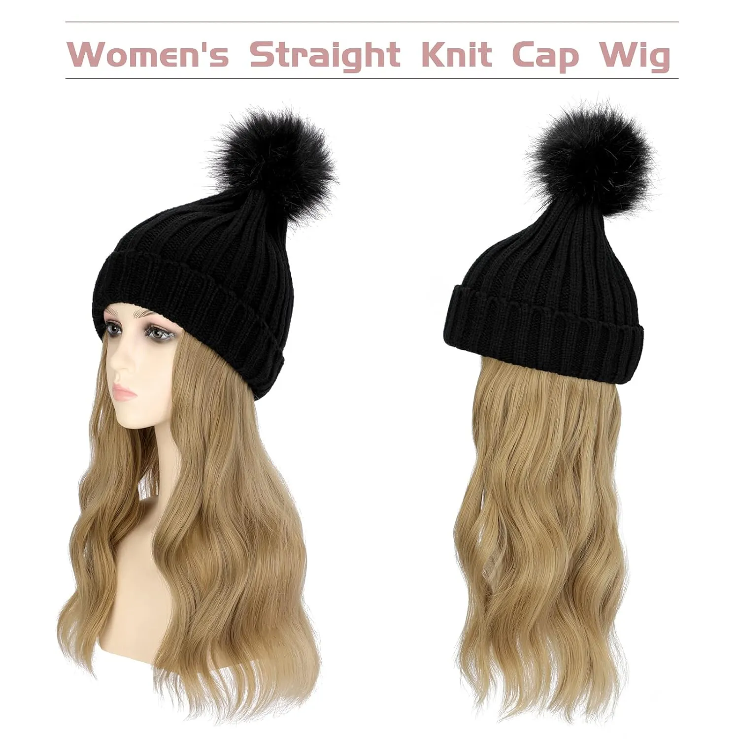 Qlenkay Beanie with 14'' Hair Extention Curly Wavy Wig Hat Rib Knit Cap Attached Synthetic Hairpiece Detachable Pom for Winter Women Ash Blonde
