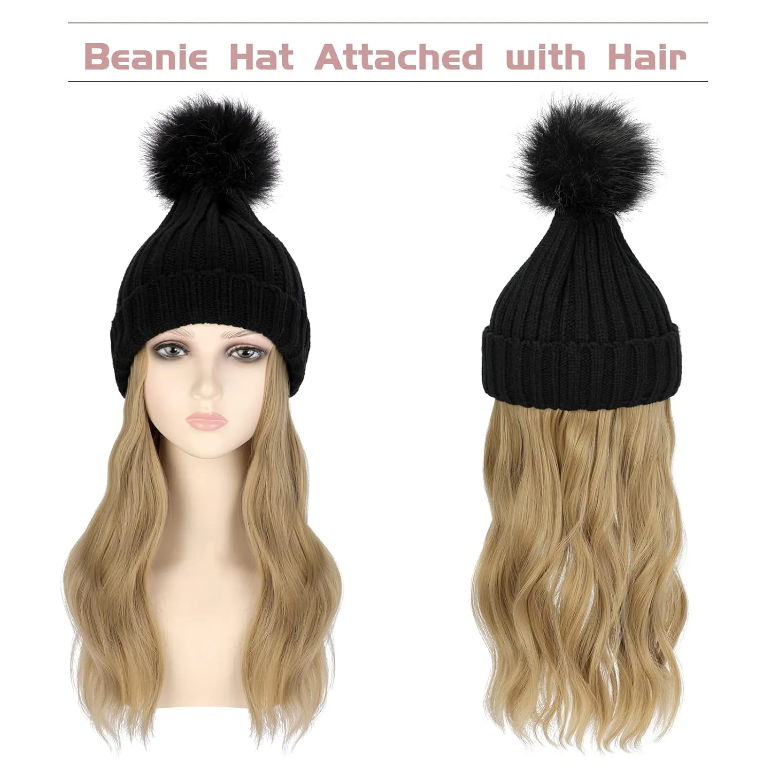 Qlenkay Beanie with 14'' Hair Extention Curly Wavy Wig Hat Rib Knit Cap Attached Synthetic Hairpiece Detachable Pom for Winter Women Ash Blonde