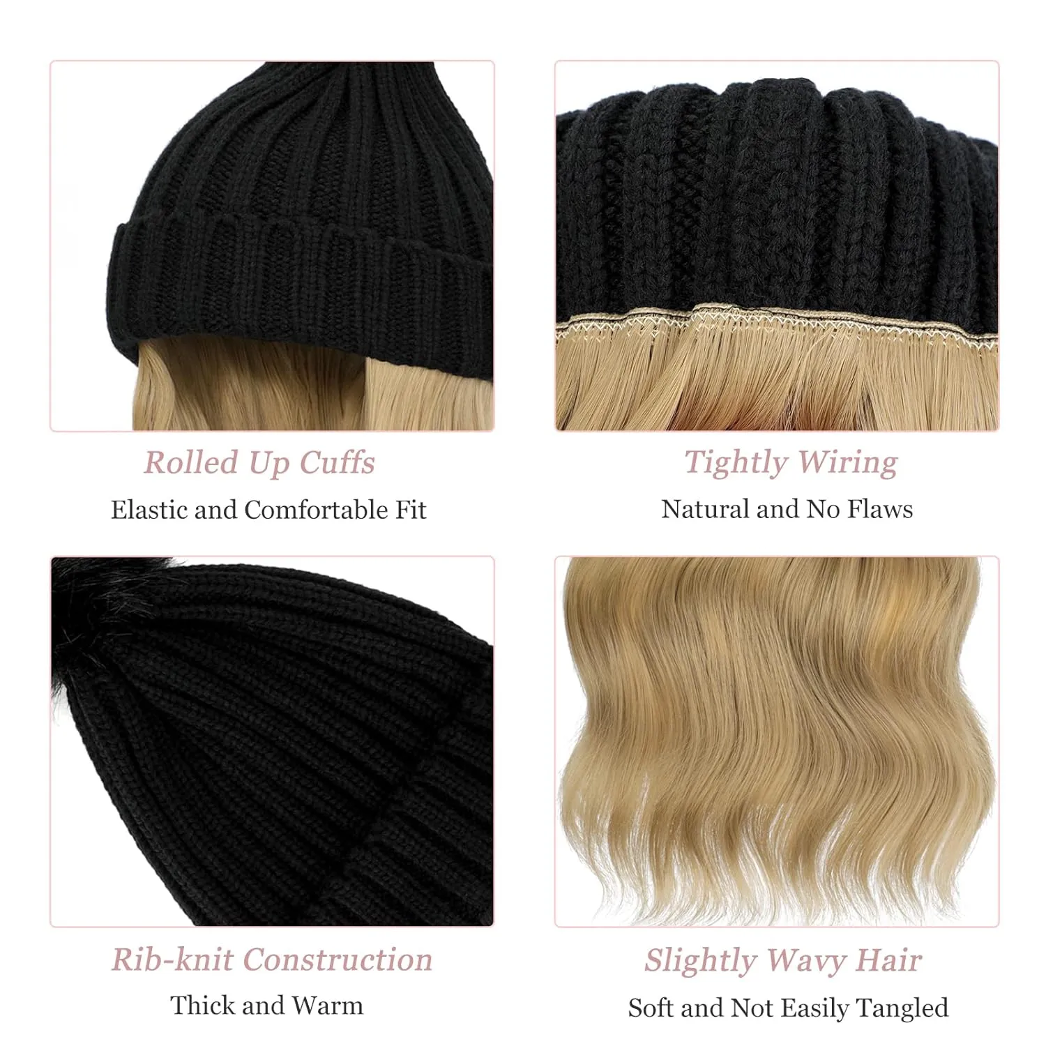 Qlenkay Beanie with 14'' Hair Extention Curly Wavy Wig Hat Rib Knit Cap Attached Synthetic Hairpiece Detachable Pom for Winter Women Ash Blonde