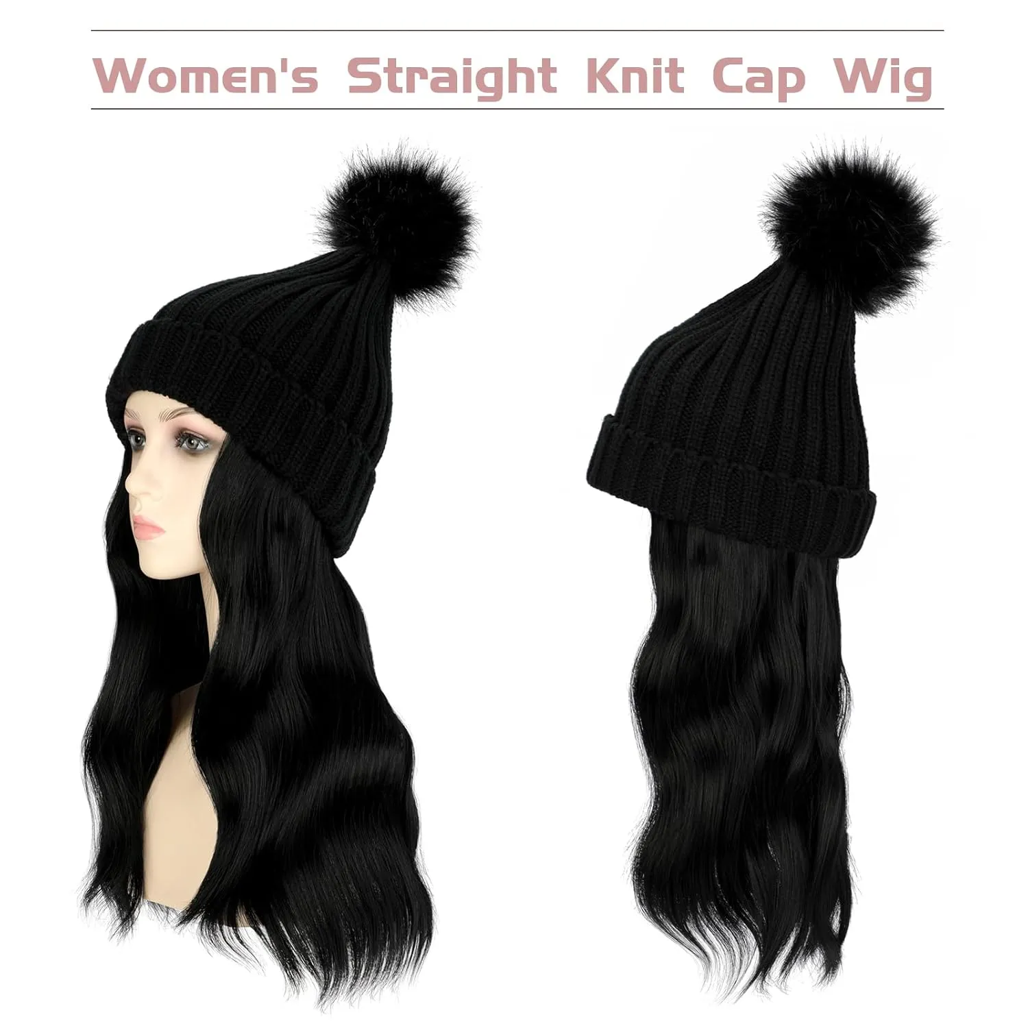 Qlenkay Beanie with 14'' Hair Extention Curly Wavy Wig Hat Rib Knit Cap Attached Synthetic Hairpiece Detachable Pom for Winter Women Dark Black
