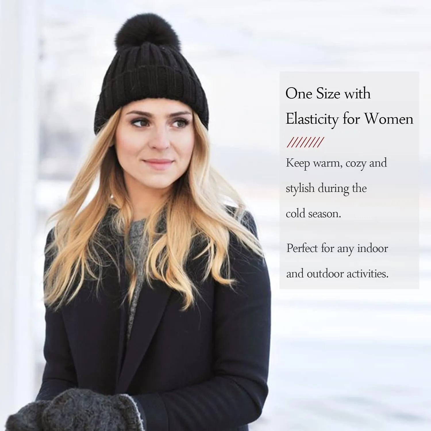 Qlenkay Beanie with 14'' Hair Extention Curly Wavy Wig Hat Rib Knit Cap Attached Synthetic Hairpiece Detachable Pom for Winter Women Dark Black