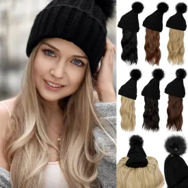 Qlenkay Beanie with 14'' Hair Extention Curly Wavy Wig Hat Rib Knit Cap Attached Synthetic Hairpiece Detachable Pom for Winter Women Dark Black