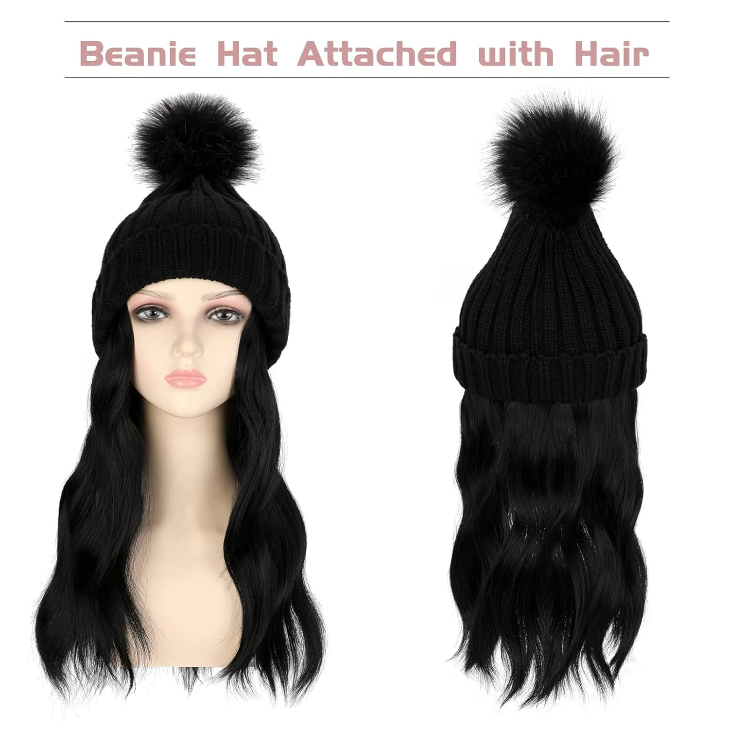 Qlenkay Beanie with 14'' Hair Extention Curly Wavy Wig Hat Rib Knit Cap Attached Synthetic Hairpiece Detachable Pom for Winter Women Dark Black