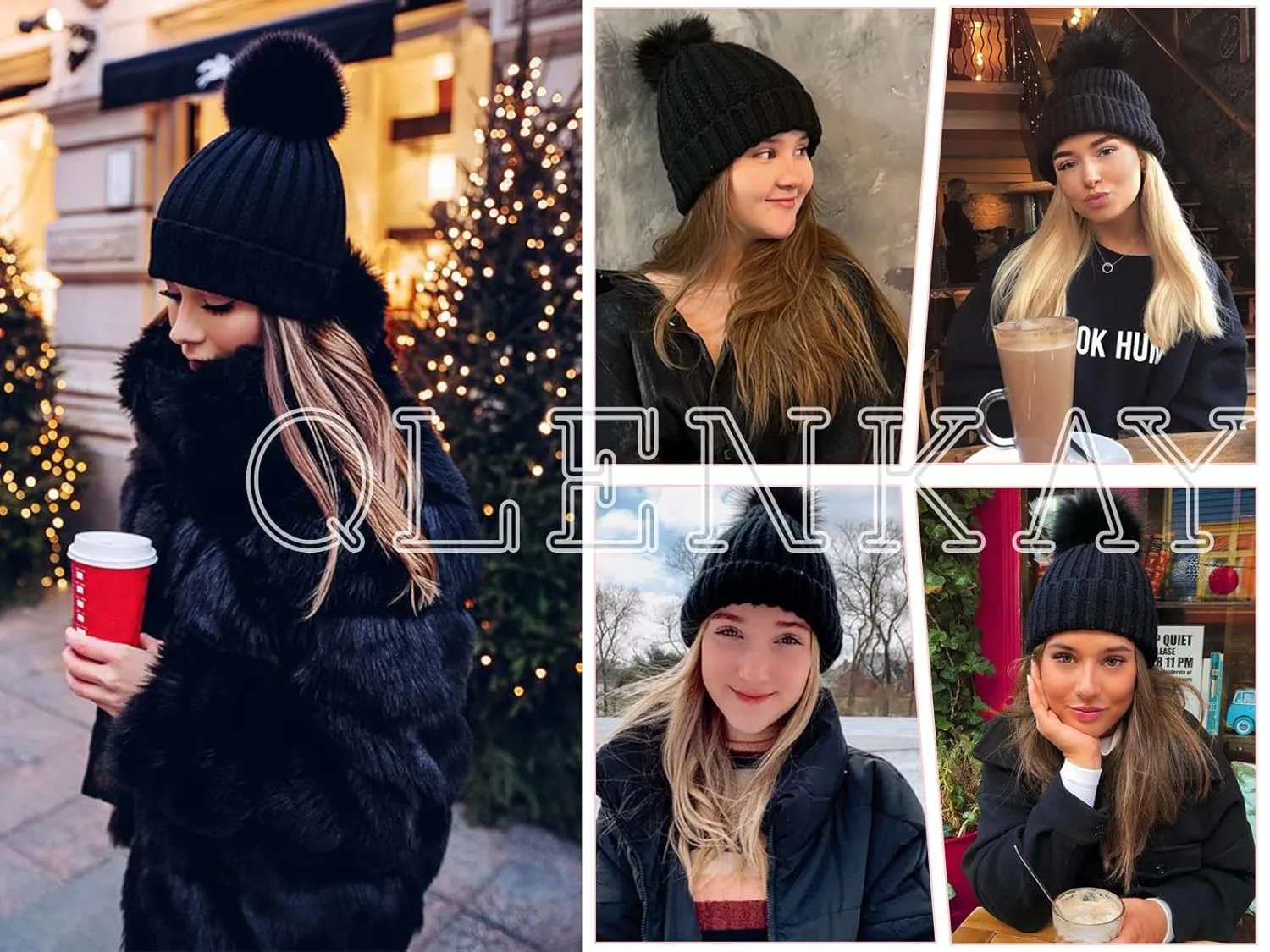 Qlenkay Beanie with 14'' Hair Extention Curly Wavy Wig Hat Rib Knit Cap Attached Synthetic Hairpiece Detachable Pom for Winter Women Dark Black