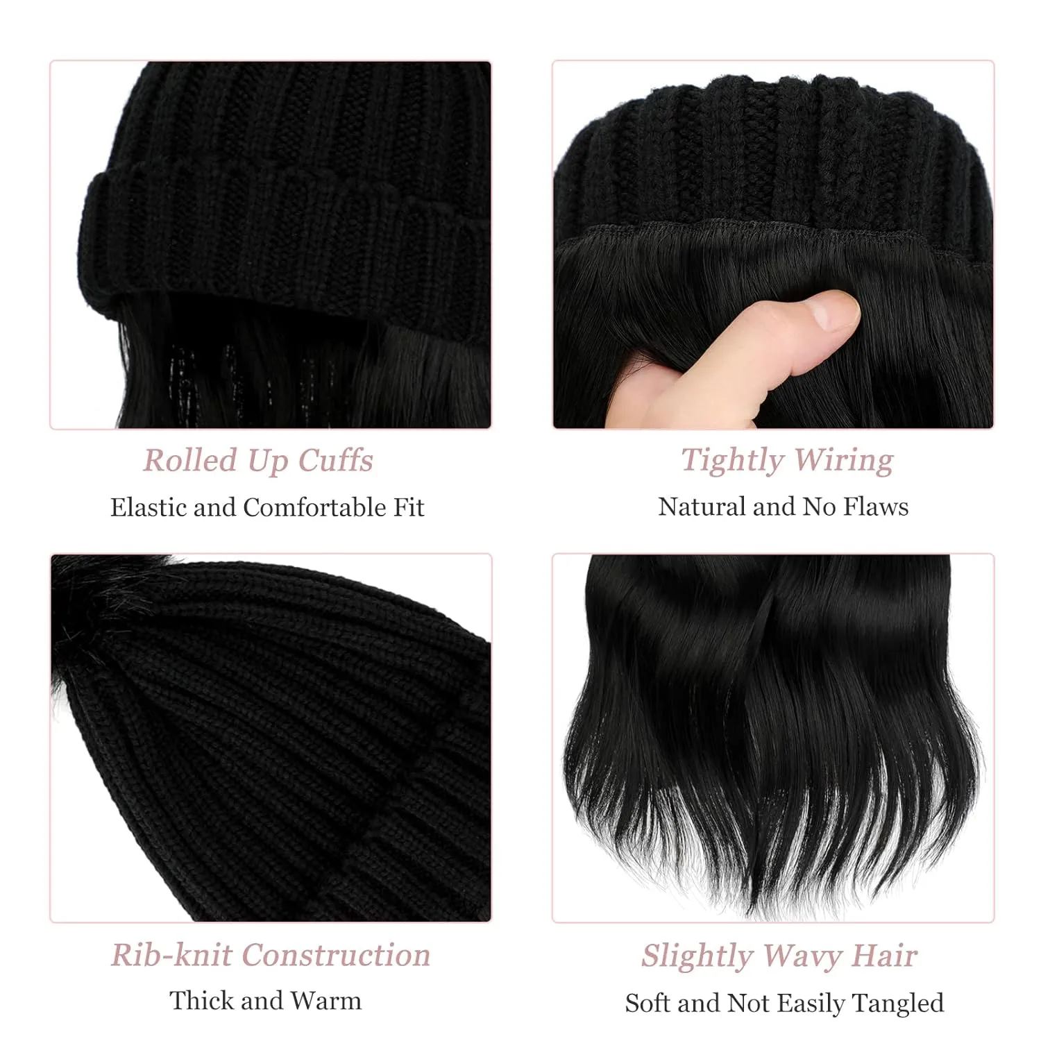 Qlenkay Beanie with 14'' Hair Extention Curly Wavy Wig Hat Rib Knit Cap Attached Synthetic Hairpiece Detachable Pom for Winter Women Dark Black