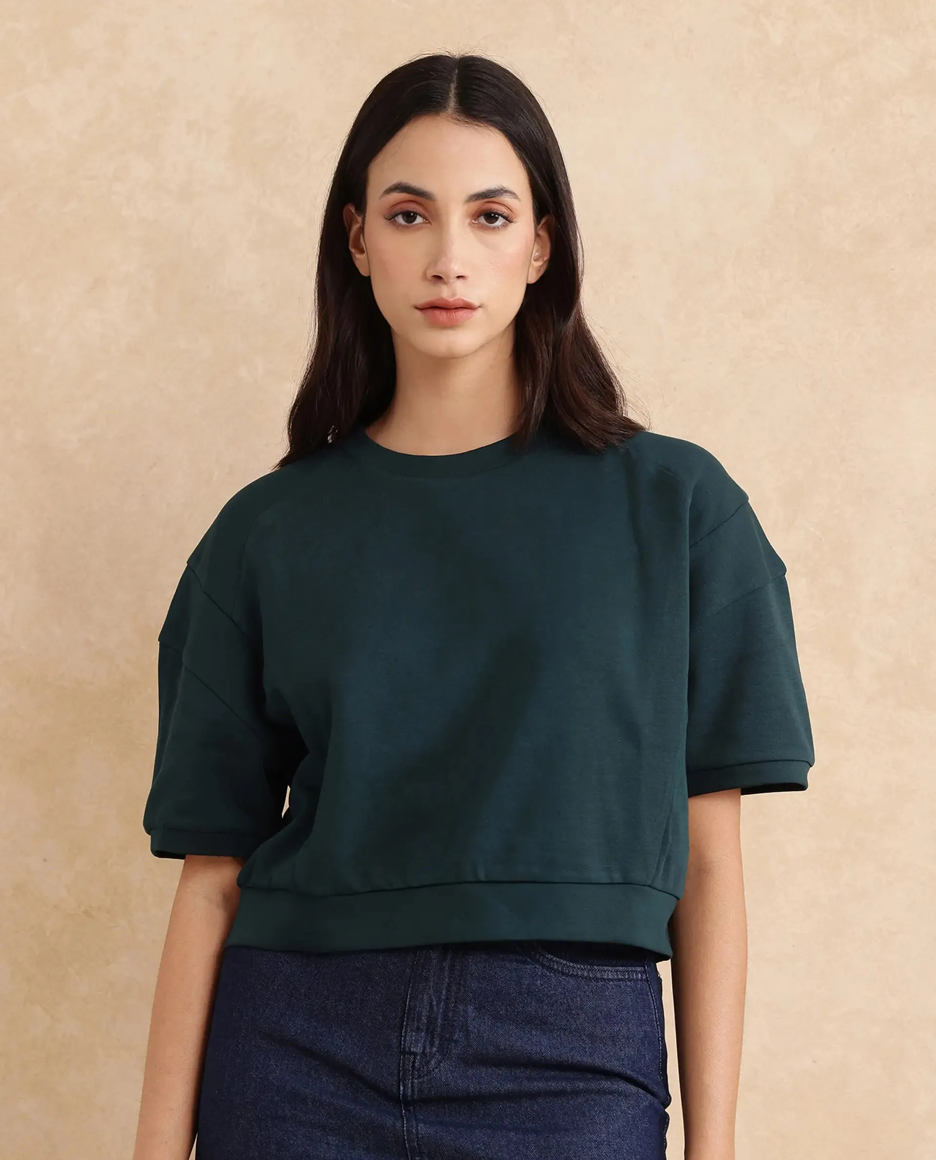 Rareism Women Ganges Green Cotton Blend Fabric Short Sleeve Crew Neck Relaxed Fit Cropped Plain Sweatshirt