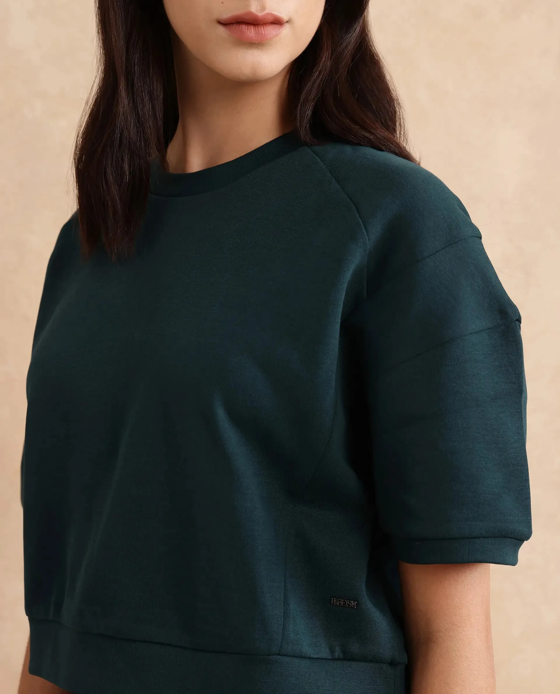 Rareism Women Ganges Green Cotton Blend Fabric Short Sleeve Crew Neck Relaxed Fit Cropped Plain Sweatshirt