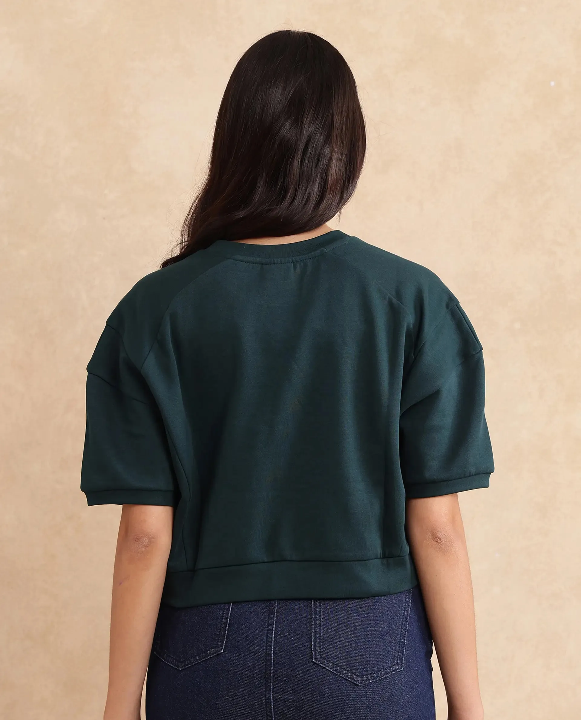 Rareism Women Ganges Green Cotton Blend Fabric Short Sleeve Crew Neck Relaxed Fit Cropped Plain Sweatshirt