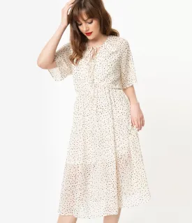Retro Style Off White & Black Dot Print Midi Dress