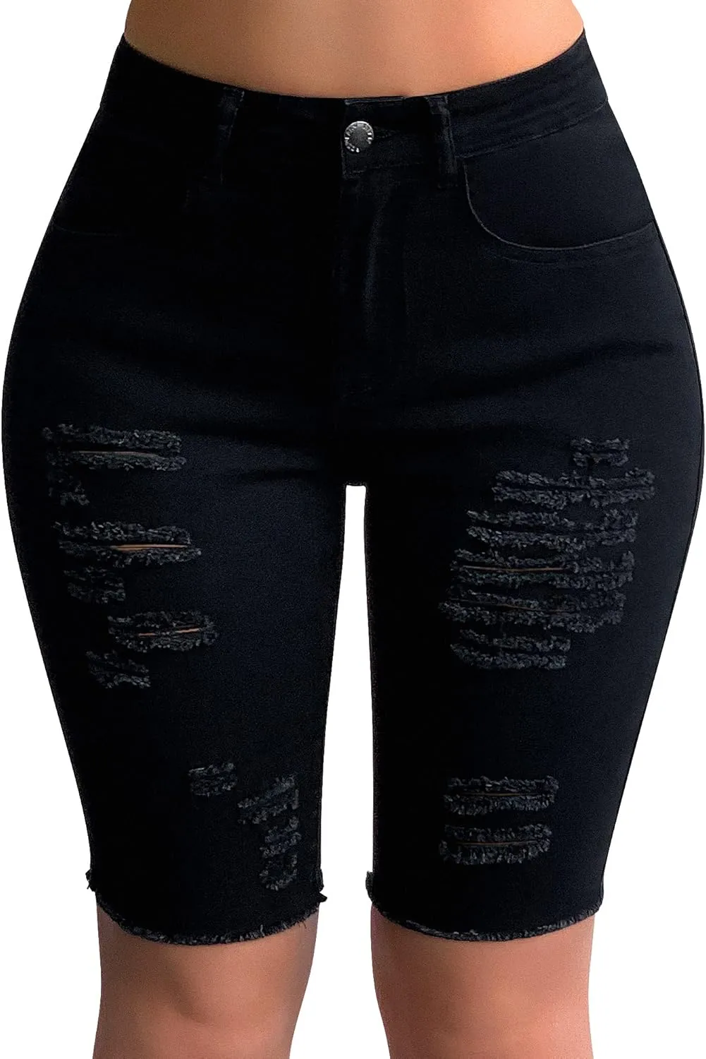 roswear Womens Ripped Stretchy Long Jean Shorts Mid Rise Frayed Cut Off Bermuda Shorts