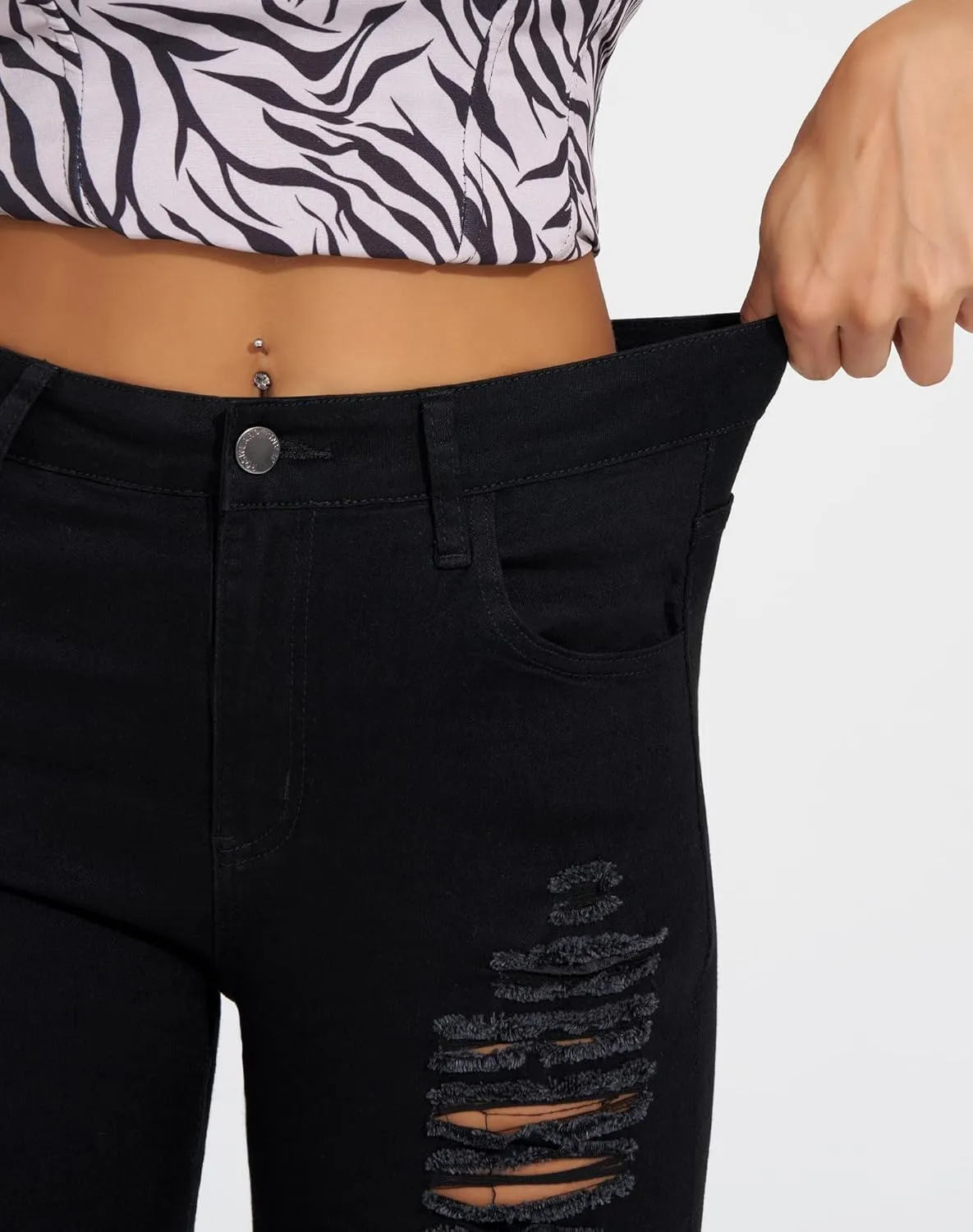 roswear Womens Ripped Stretchy Long Jean Shorts Mid Rise Frayed Cut Off Bermuda Shorts