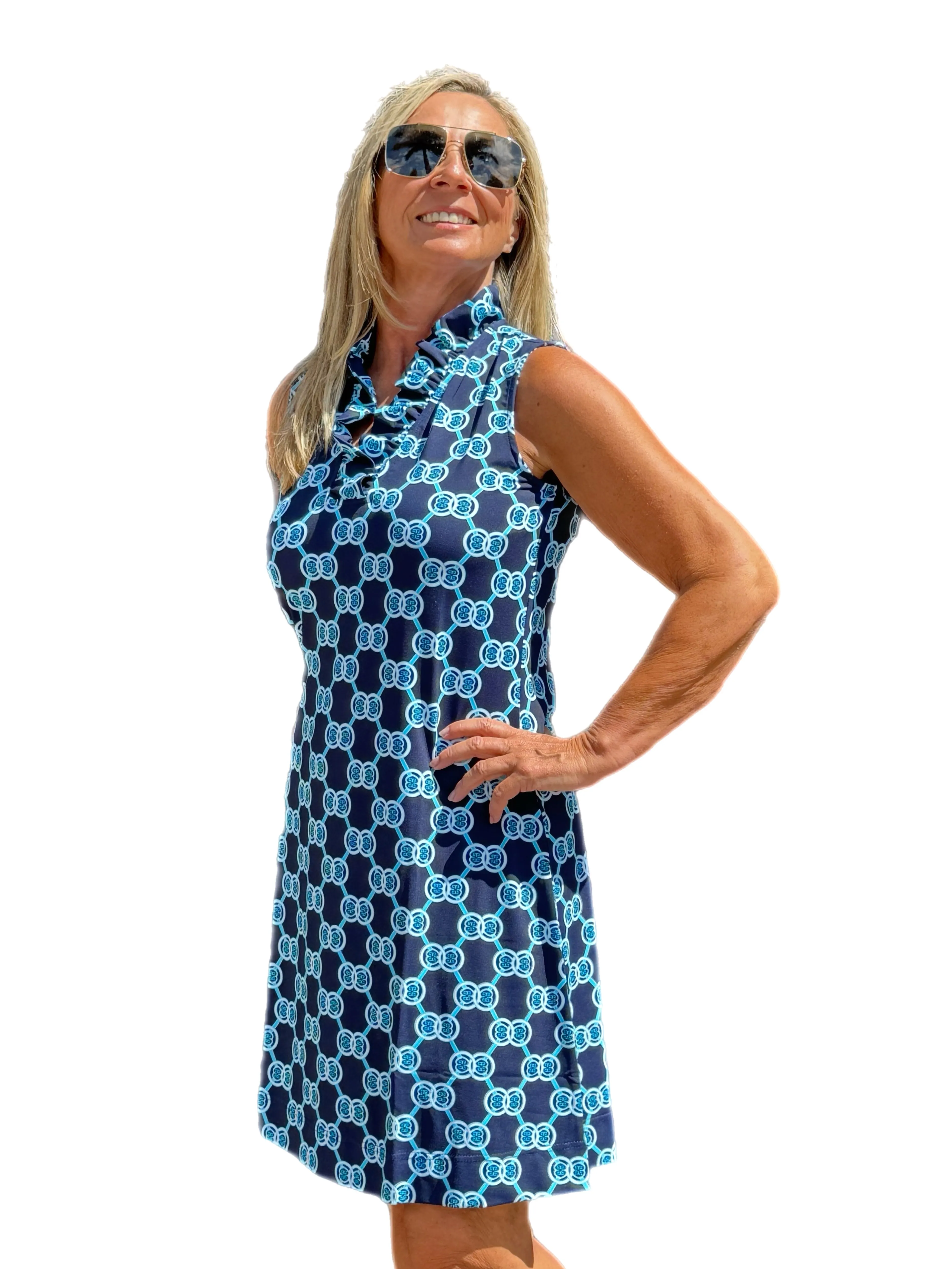 Ruffle-Neck Dress with UPF50  Blue Medallion