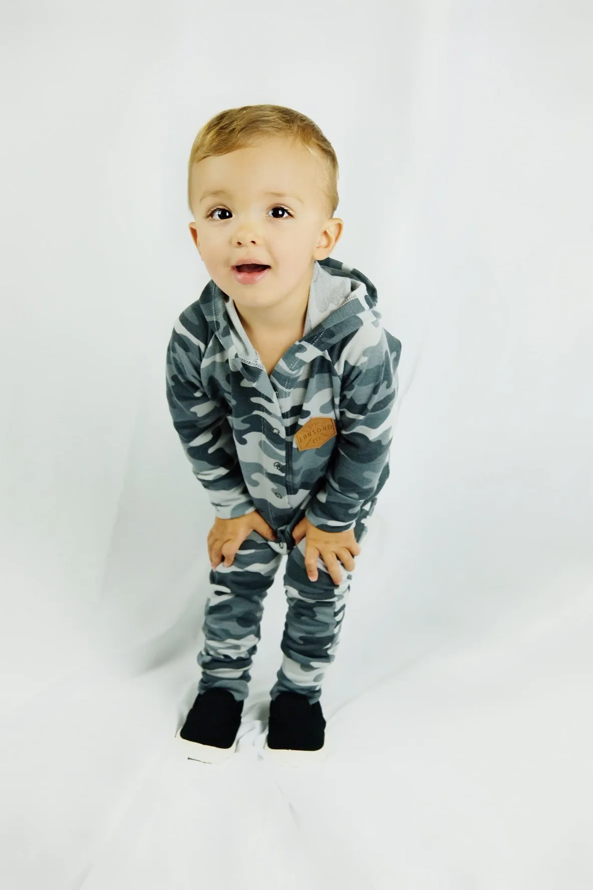 Snow camo snap romper