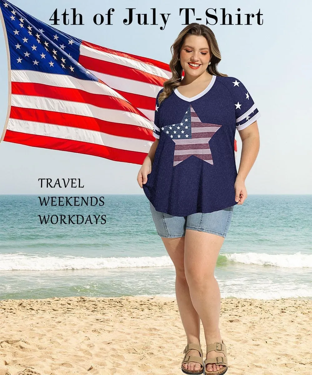 TIYOMI Plus Size Tops for Women V Neck Raglan T-Shirt Short Sleeve Summer Shirts Casual Loose Tunic Blouse